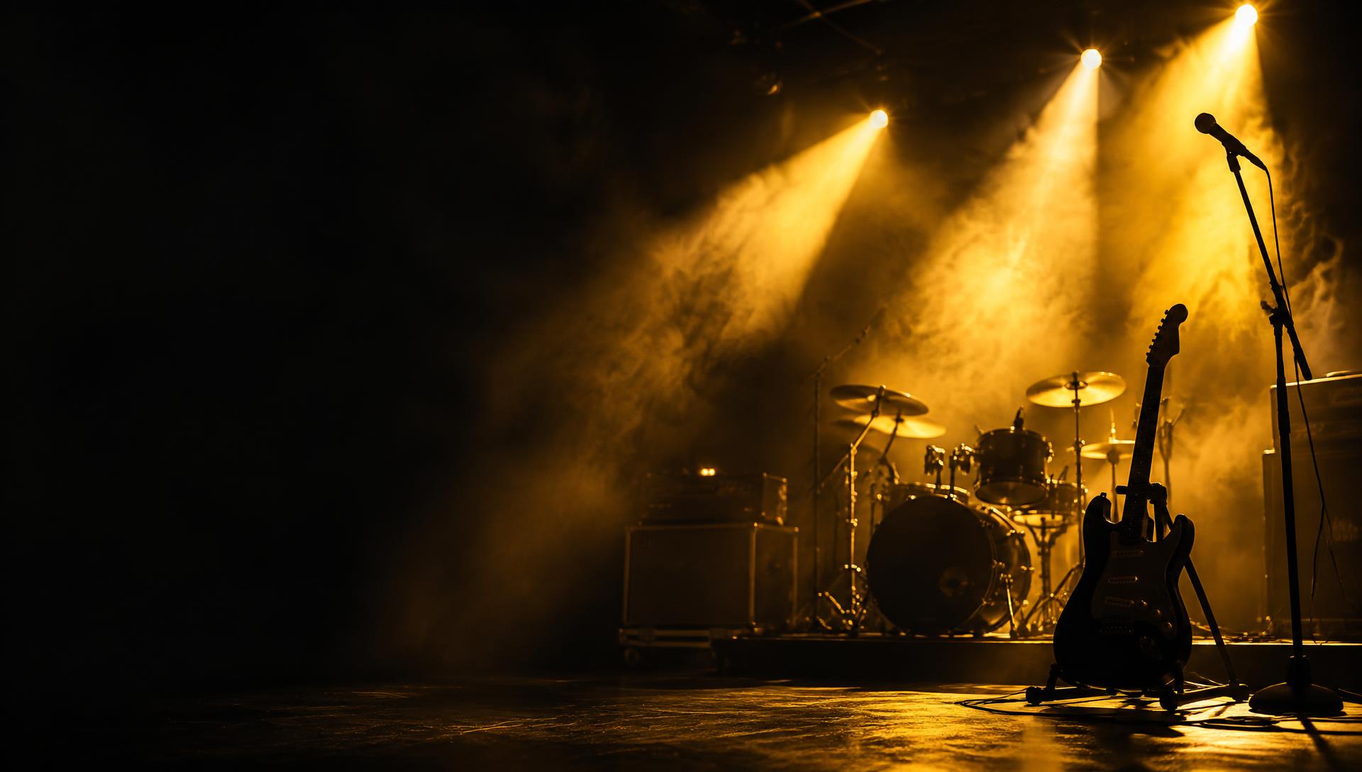 Palco com guitarra, bateria e microfone sob luzes amarelas